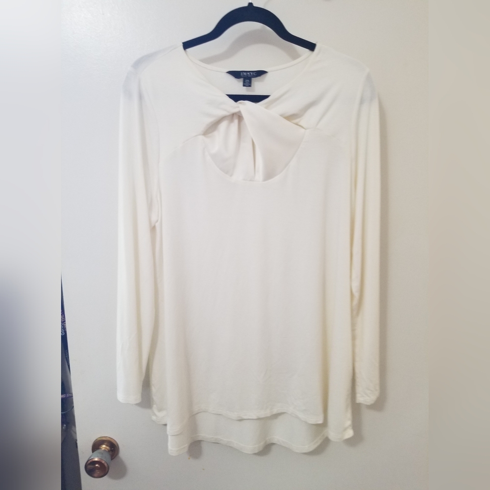 IMNYC Isaac Mizrahi Cream Bow Neck Top NWT High Low Blouse L